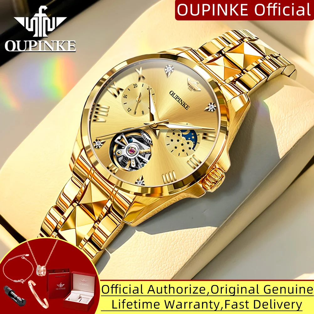 

OUPINKE 3202, водонепроницаемые женские часы с хронографом фазы Луны, оригинальные автоматические механические наручные часы со скелетонизированным маховиком для женщин