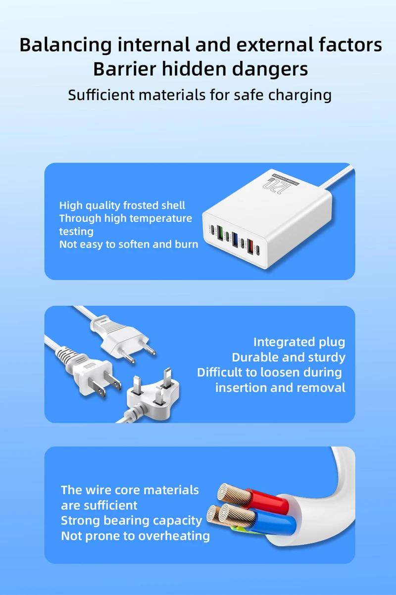 120W Ladeadapter 7 Anschlüsse 3USB+4PD Schnellladegerät 5V4A US/EU/UK Standard-Ladegerät für Mobiltelefone 2026 – Detail 2