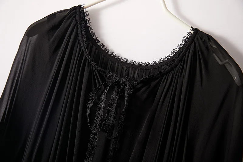 Birdsky, 1 peça feminina gola redonda vestido solto ajuste faixa de renda 100% seda amoreira real preto, S-1028