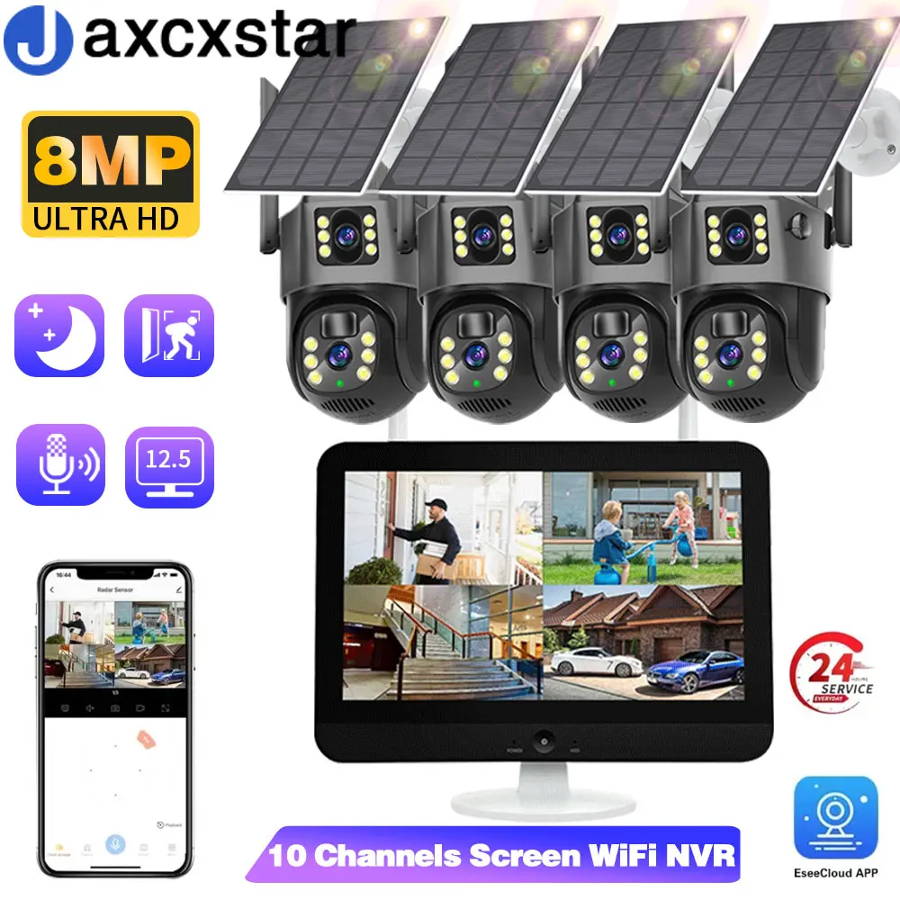 

10CH 8MP WIFI Dual lens PTZ Solar Security System Outdoor Automatic Tracking Camera 12.5 "LCD Display WiFi NVR Waterproof Kit
