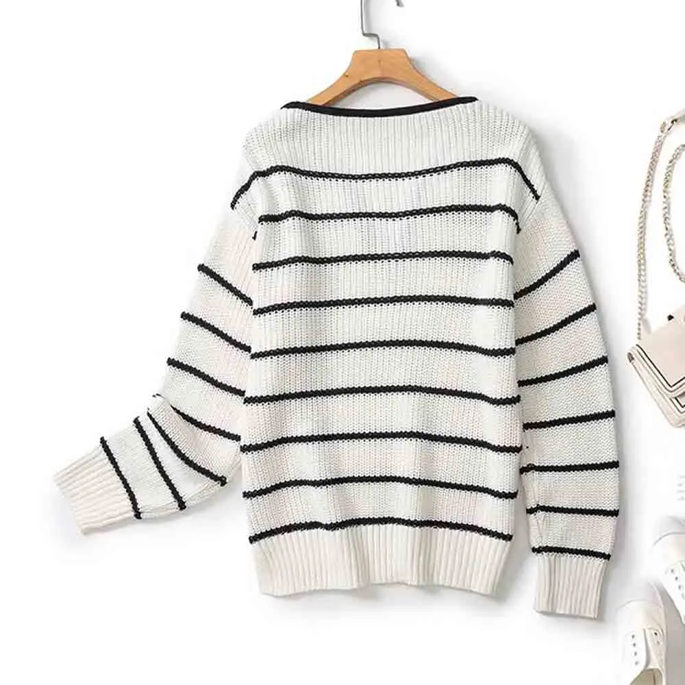 Donegirl Women 2024 Spring AutumnNew Fashion Striped Knitted Casual Pullover Chic V-Neck Loose Long Sleeve Sweater Mujer