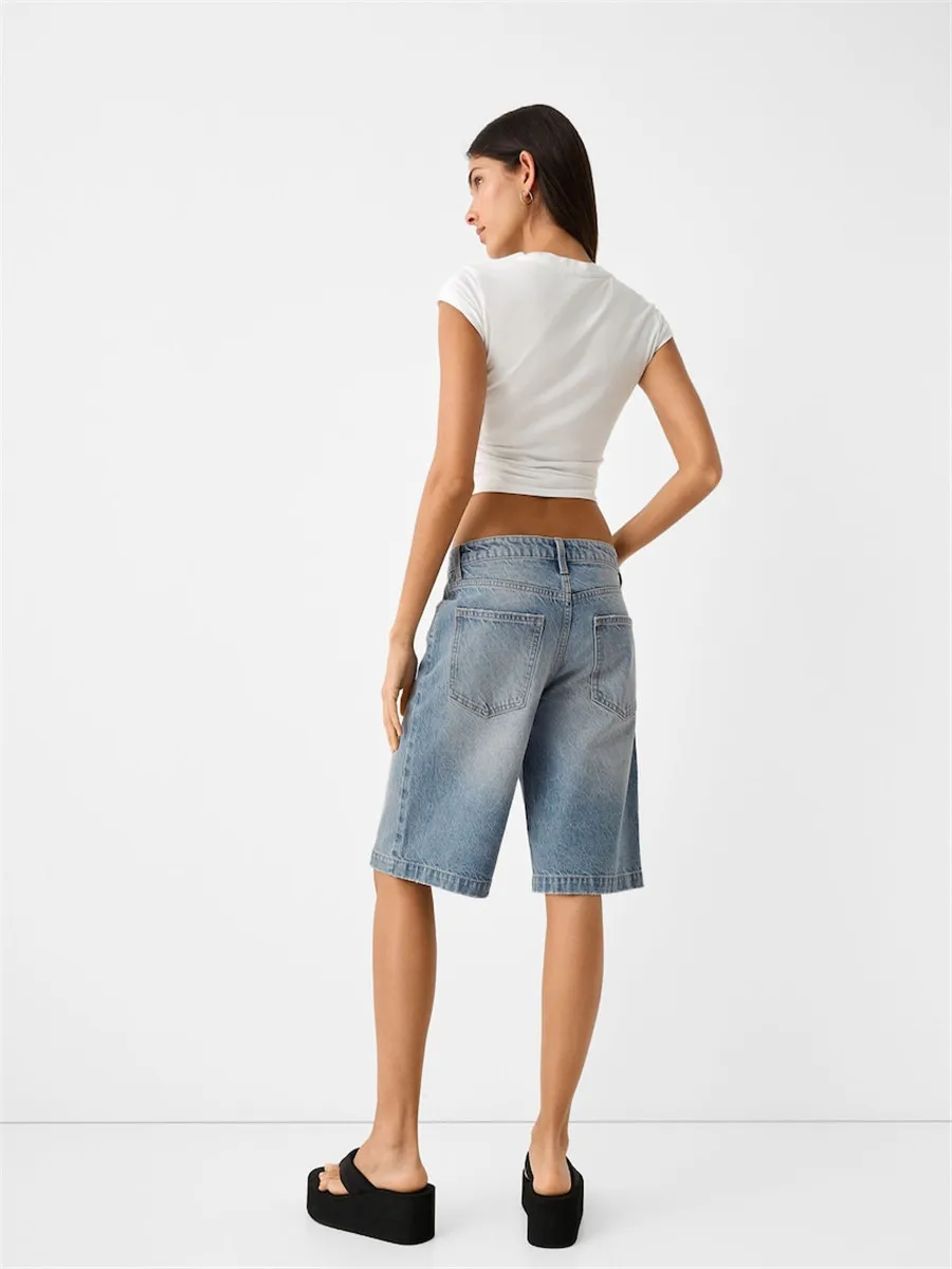 Women Trendy Denim Shorts Buttons Midi Waist Pockets Short Jeans Summer Fall Fashion Pants for Streetwear Vintage Retro Y2K 90s