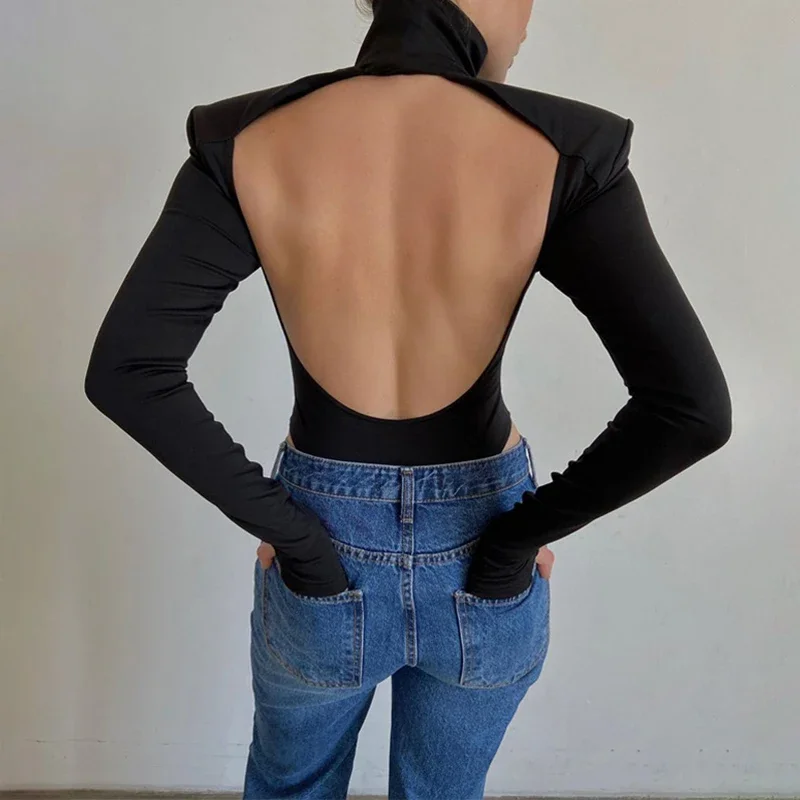 BKLD Open Back Women Jumpsuit Sexy Textured High Waist Button Design High Neck Base Slim Solid Bodysuits Casual Party Streetwear