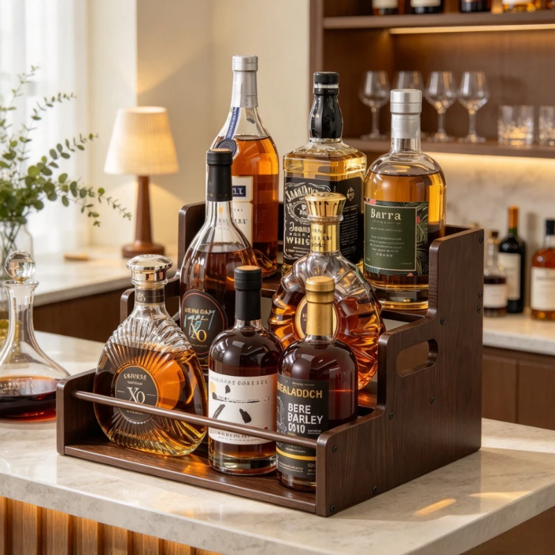 Tiered Wine Display Rack, Portable Bamboo Liquor Bottle Stand with Stepped Shelves for Countertop Presentation or Cafe Bars