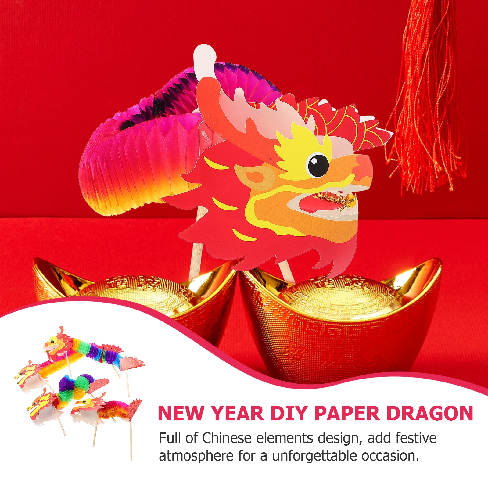 4er-Set Kinder-DIY-Papier-Drachen-Bastelmaterial-Set, chinesisches Neujahr, Festival-Dekoration, unvollendete Versorgung, Party-Dekoration, Kunst
