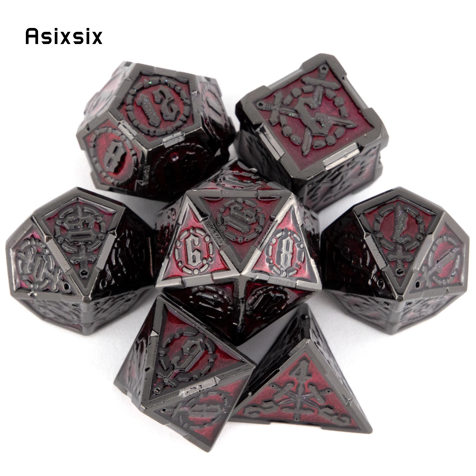 

7 Pcs Black Red Double Swords Metal Dice Solid Polyhedral Dice Set Suitable for Role-Playing RPG Board Game