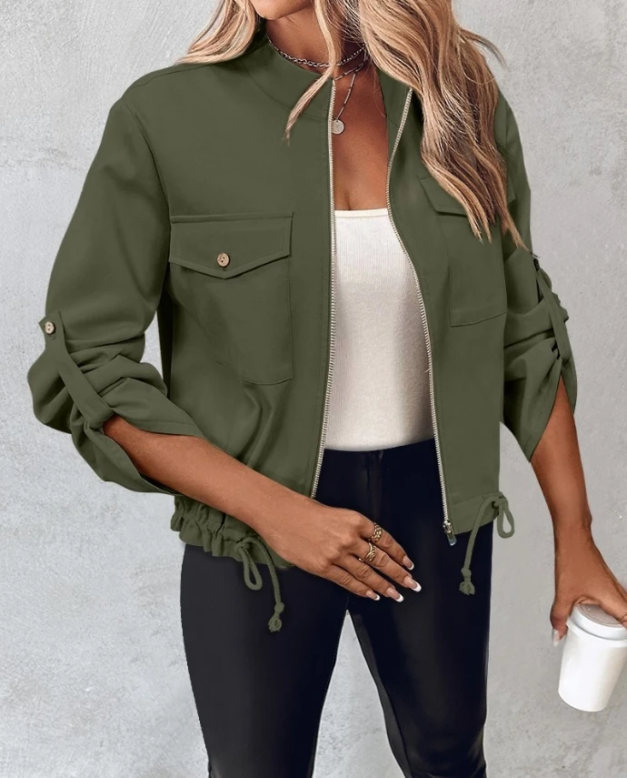 Chaqueta de otoño con bolsillos con solapa, Mangas de lengüeta enrolladas, diseño de dobladillo con cordón, cárdigan verde con cremallera y cuello alto