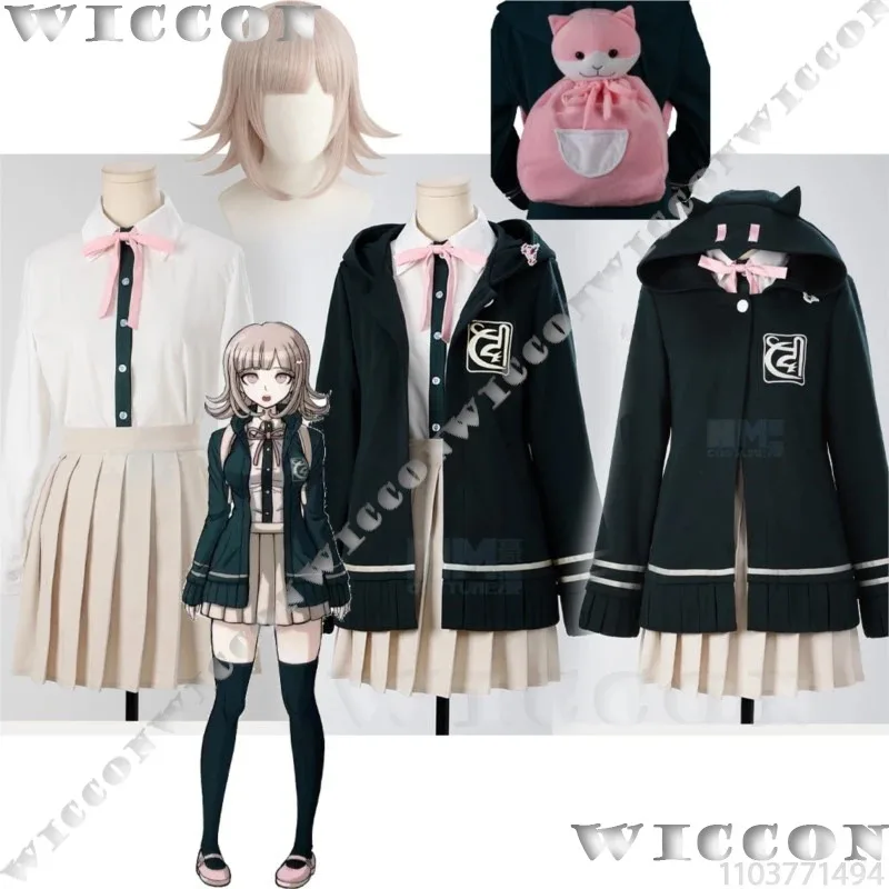 Nanami ChiaKi juego Danganrronppa Cosplay disfraz peluca gato bolsa Prop uniforme escolar traje diario chica mujer Hallloween Cos personalizado
