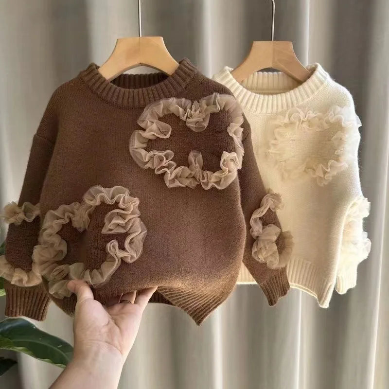 Girls lace Sweater 2024 Autumn/winter Children's Clothing Knitted Sweater Thickened Baby Girl Embroidered Korean Version Sweater