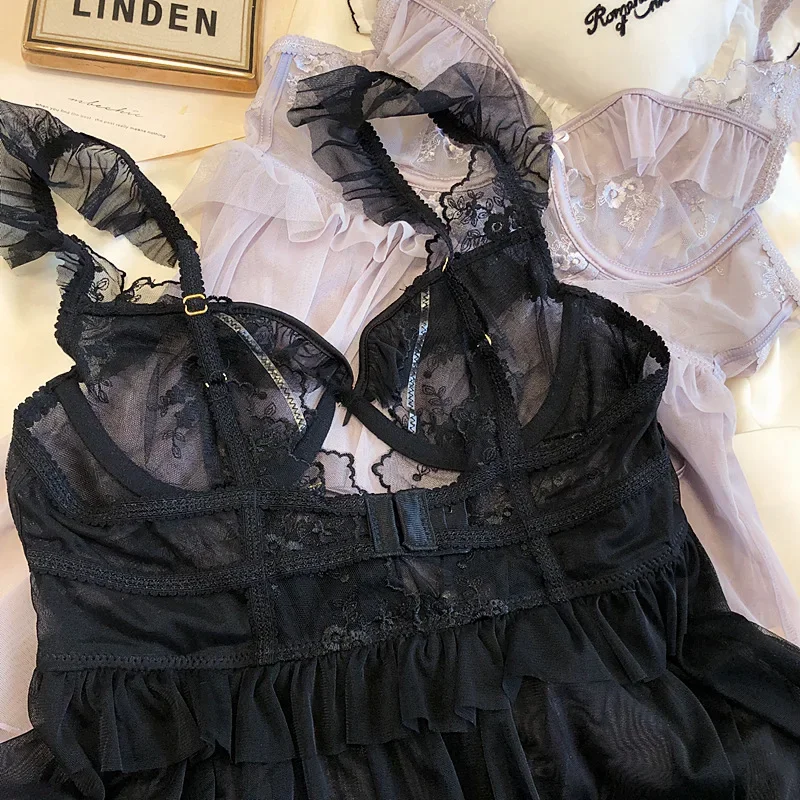 French Sexy Nighties Pajama Women Lingerie Sleepwear Lace Sheer Mesh  Embroidery Ruffled Nightdress with T-pants Sling Nightgowns - AliExpress