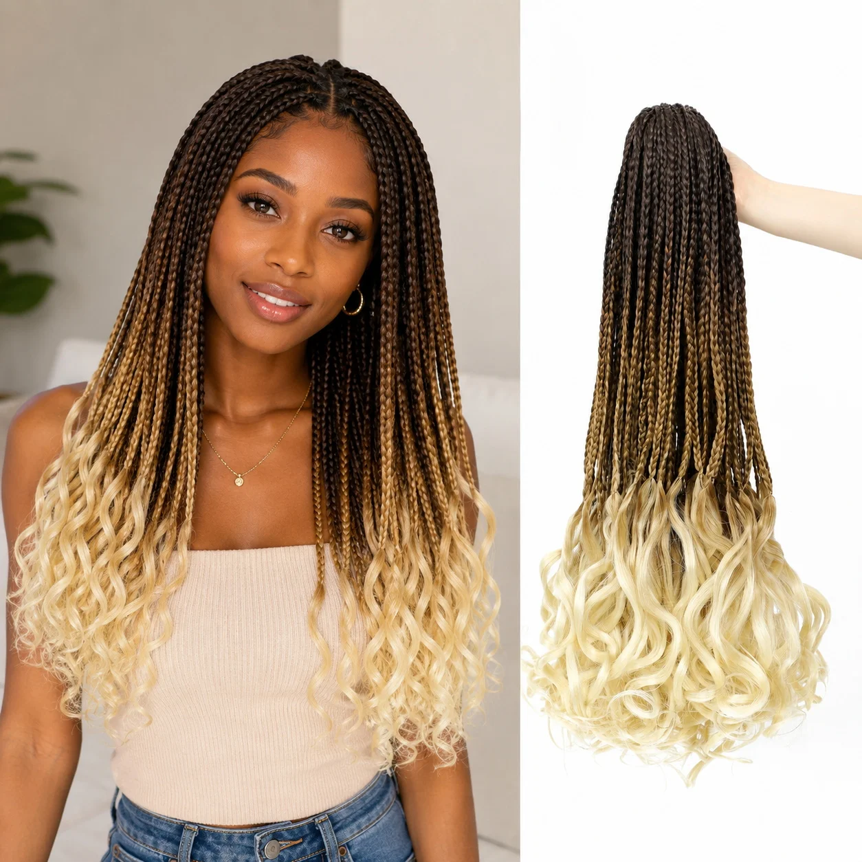 18 Zoll Französische Locken Box Braids Häkelhaar Synthetische Flechthaarverlängerungen mit gelockten Enden Boho-Schutzstil Vorgefertigt Schwarz für Frauen – Detail 1