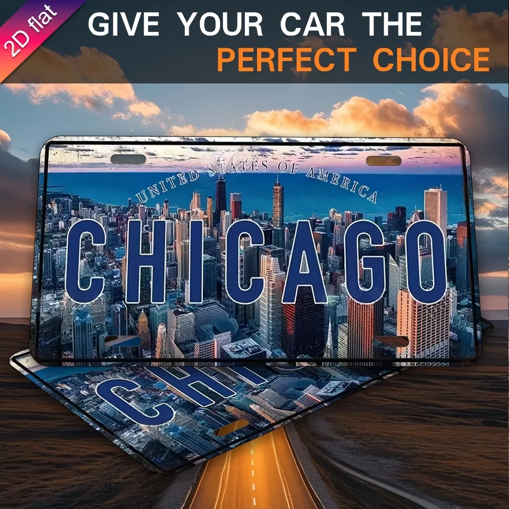 Chicago Skyline Metal License Plate - Aluminum Wall Art with UV Print,  Indoor/Outdoor Decorative Plaque for Home, Cafe, Restaur