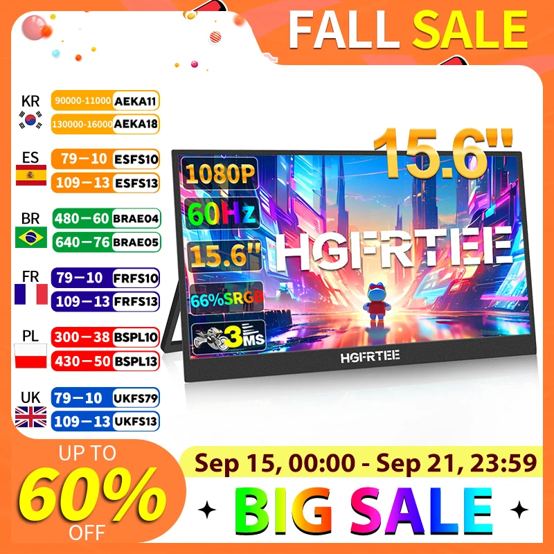 

HGFRTEE 15.6 Inch Portable Monitor Ultra-Thin Monitor 180° Adjustable Bracket VESA Wall Mount Monitor for Gaming Laptop PC PS5/4
