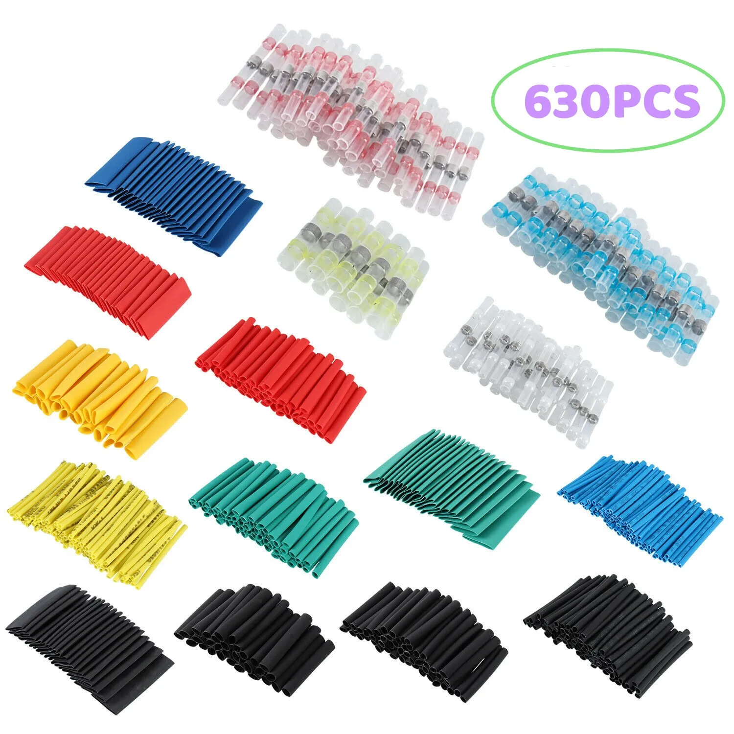 

630Pcs Assorted Insulated Waterproof Solder Terminals Heat Shrink Tube Wire Cable Connectors Sleeving Seal Shrinkable Tubing Set