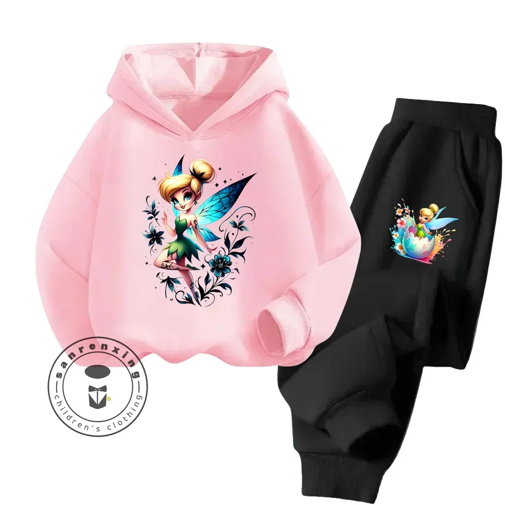 2024 New Disney Cartoon Tinker Bell Kawaii Cute Wear High Quality Breathable Hoodie + Pants Fall Winter Children\'s Tracksuit