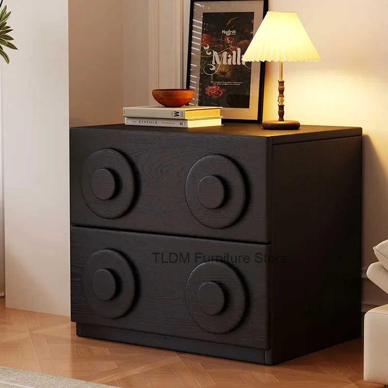 Circular Raised Knob Two Drawer Storage Chest Textured Wood Surface Cabinet Modern Decor Organizer for Bedroom Living Space
