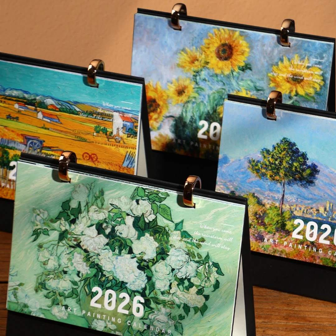 

2026 Картина маслом Настольный календарь Офисный настольный декор Ежемесячный календарь Креативный винтажный календарь Новогодний подарок для любителей искусства
