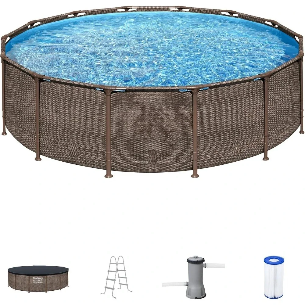 US Local Stock Round Metal Frame Above Ground Swimming Pool Set 14 Feet x 42 Inches with Filter Pump Ladder and CoverFor Backyar