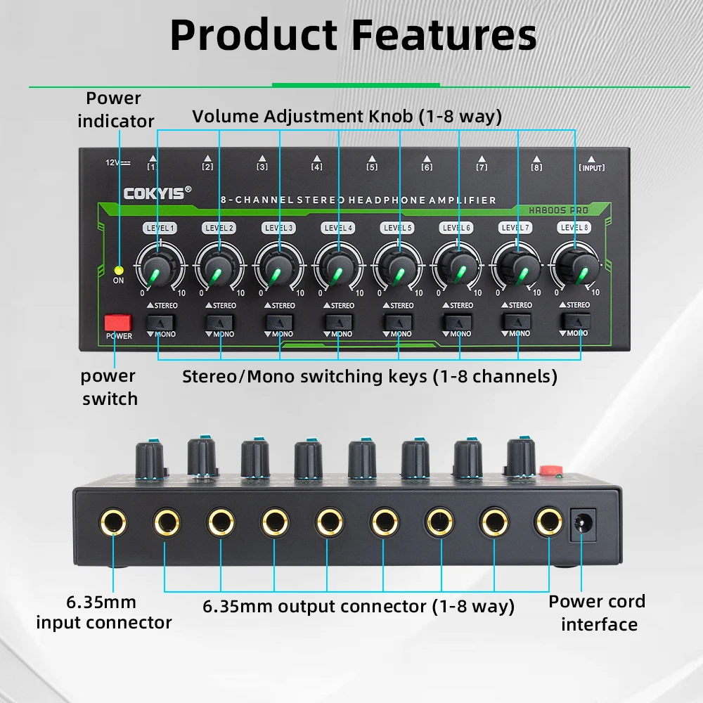 AMPLIFICADOR DE AURICULARES HA800S PRO de 8 canales amplificador de Audio estéreo ultracompacto con adaptador de corrien
