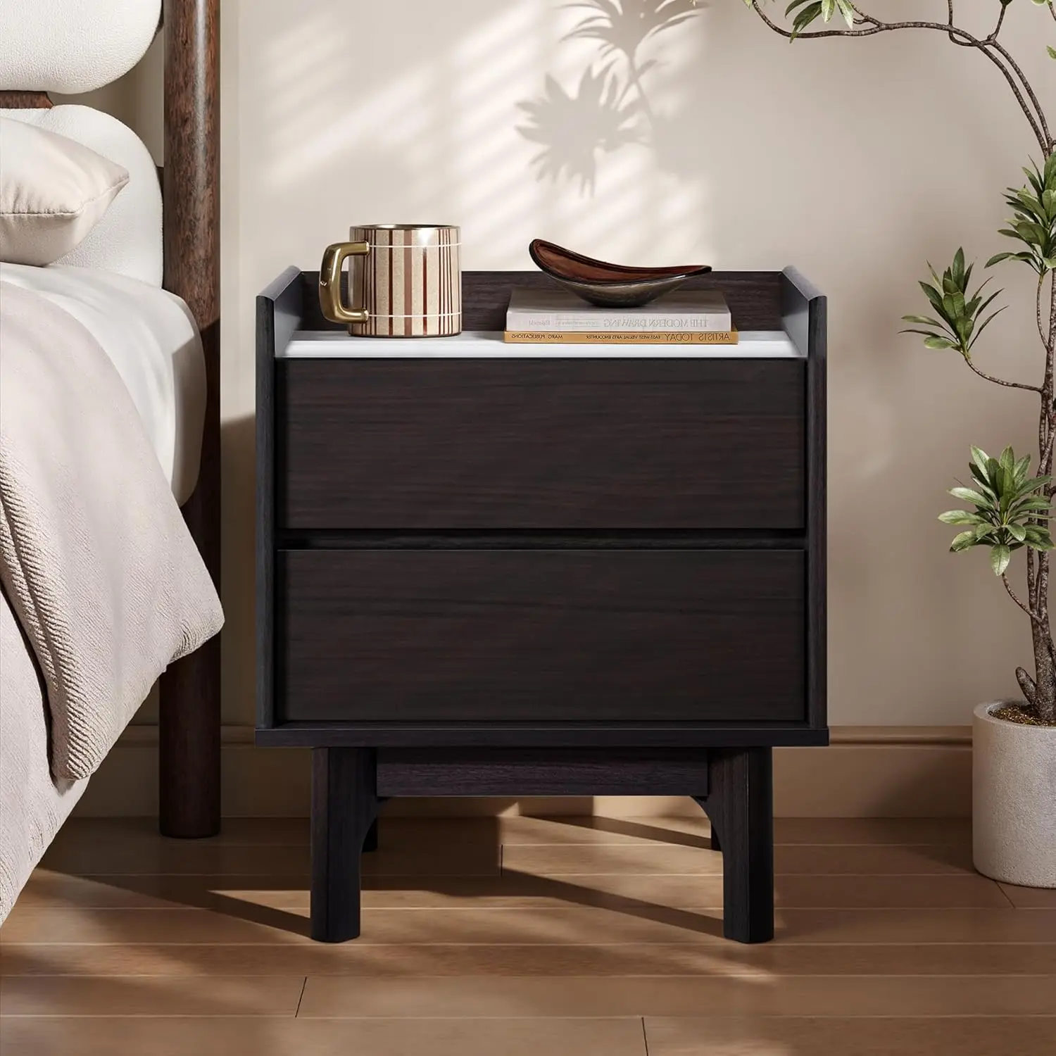 

LuxenHome Modern 2 Drawers Nightstand with Faux Marble Top, 23'' Wood Accent Side Tables with Storage, Tray-Edge, Customized