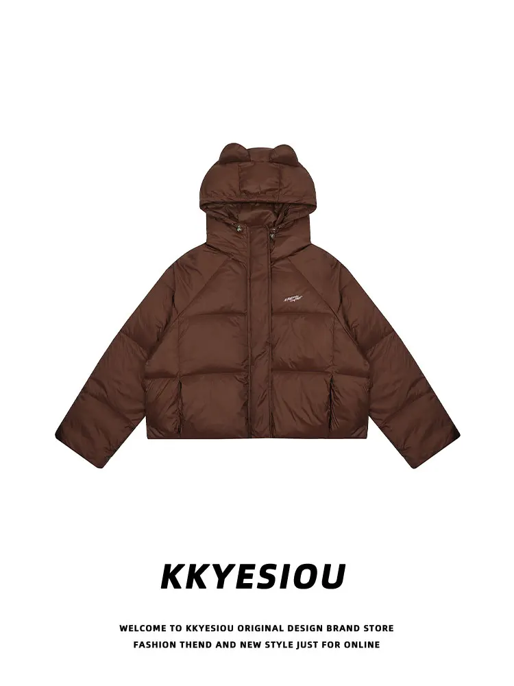 

Женская утепленная куртка KKyesiou в американском ретро-стиле с ушками медведя, белая, с наполнителем из перьев, кофейного цвета, верхняя одежда