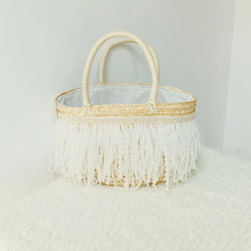 

Fashion Design Eco Tote Bags Summer New Straw Woven Bag White Feather Pearl Tassels Handbag Fresh Artistic Light Shoulder Bag