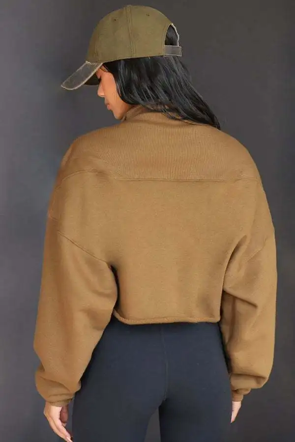 Women Oversized Half Zip Sweatshirt Drop Shoulder Crop Sweatshirt With Raw Hem