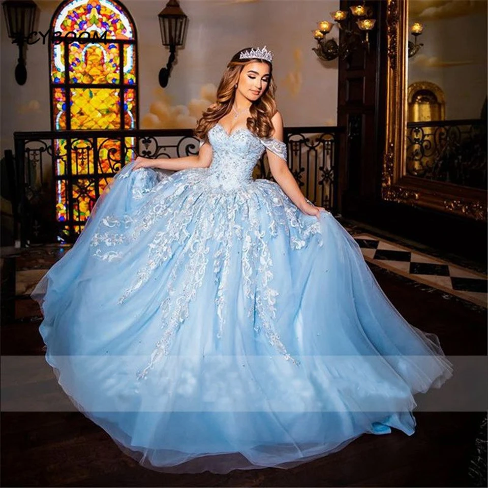 Customized 2024 Light Blue Princess Quinceanera Dresses Off The Shoulder Lace Appliques Ball Gown Sweetheart Party Dress 15 Gown