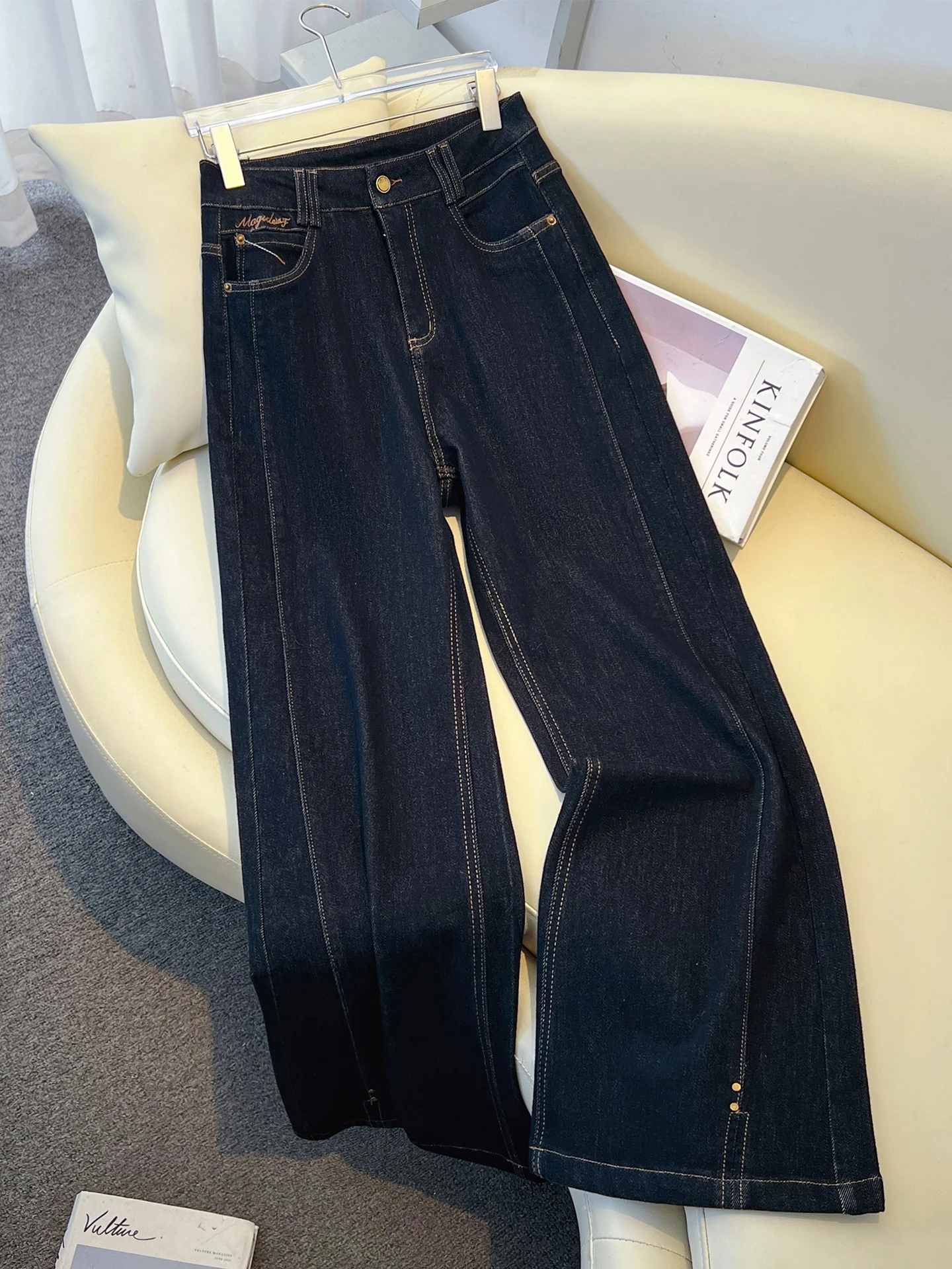 

Джинсы с высокой талией и расклешенными штанинами для женщин, осенне-зимняя новинка, синие джинсы из денима на флисовой подкладке, широкие брюки с эффектом похудения, повседневные джинсы