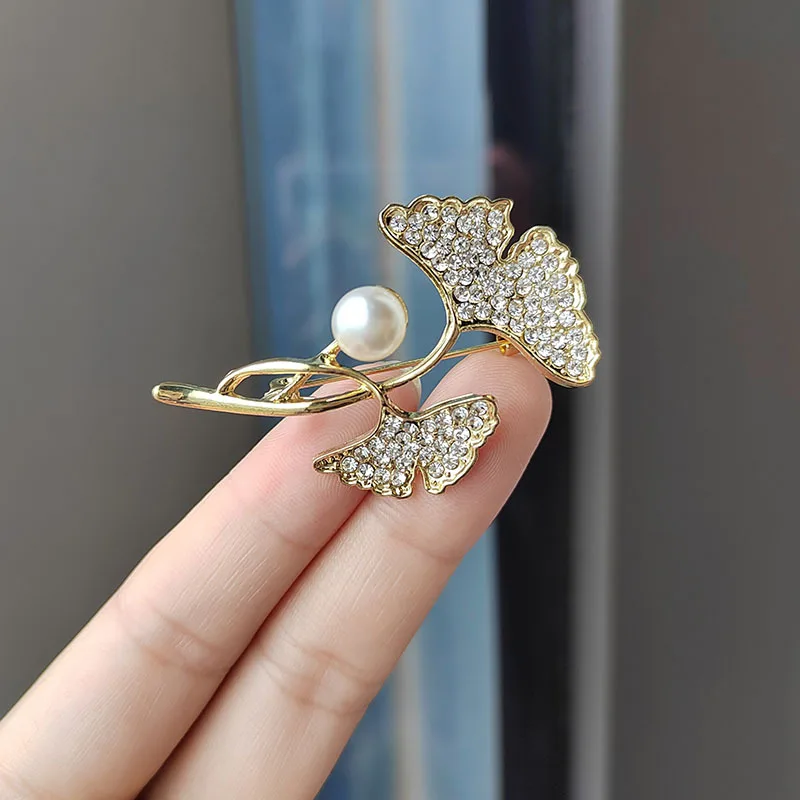 fashion rhinestone pearl gingko brooch for women clothing party decorative pin accessories