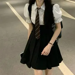 Summer Elegant Fashion Harajuku Slim Fit Female Clothes Loose Casual Short Sleeve Blusa All Match Suspender Skirt Three-piece