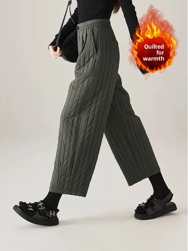 Calças retrô artísticas acolchoadas de algodão com pernas largas, cintura alta, corte reto, calças casuais, emagrecimento, calças de algodão quentes para plus S...