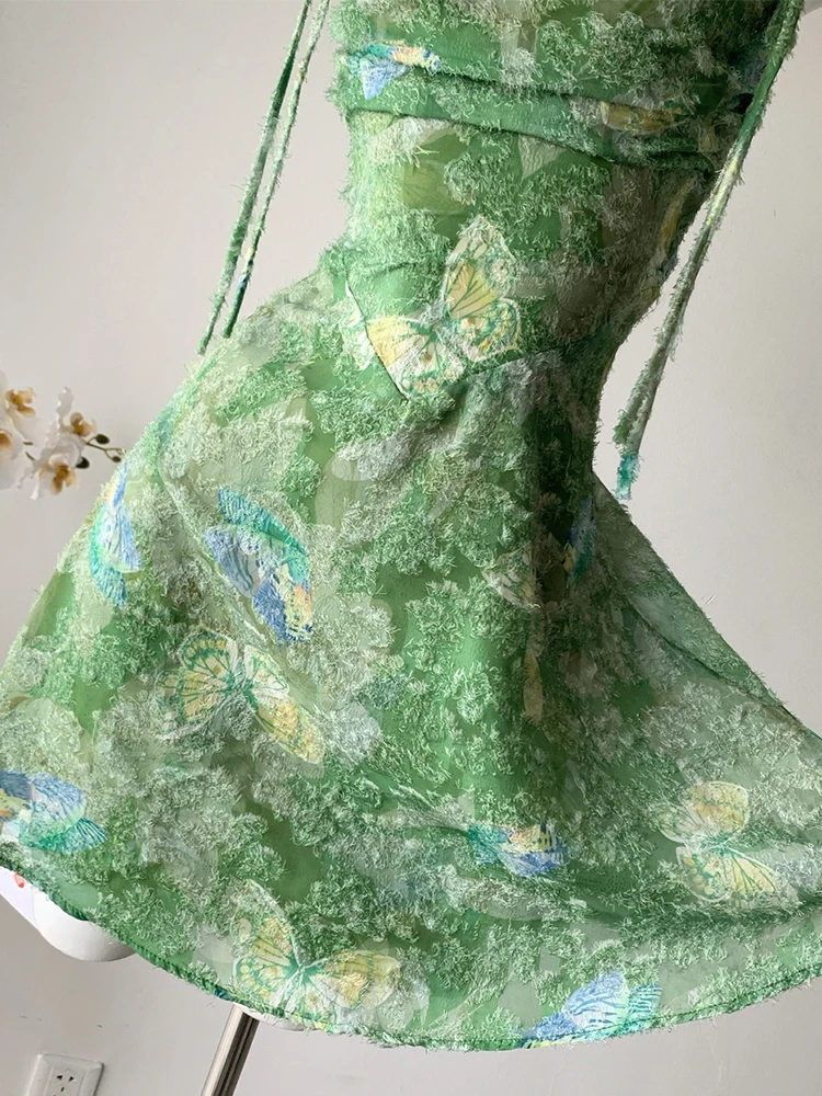 Été romantique Gyaru Mini vert dentelle florale dos nu Mini robe femmes années 2000 robe une pièce Coquette Ballet noyau français Vintage