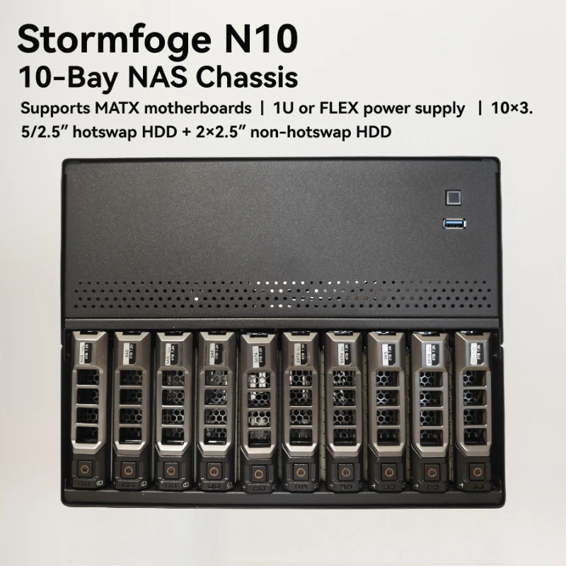 N10 10-bay NAS Chassis Case - Supporting MATX Motherboards with 10 Hotswap Hard Drivesn Bays