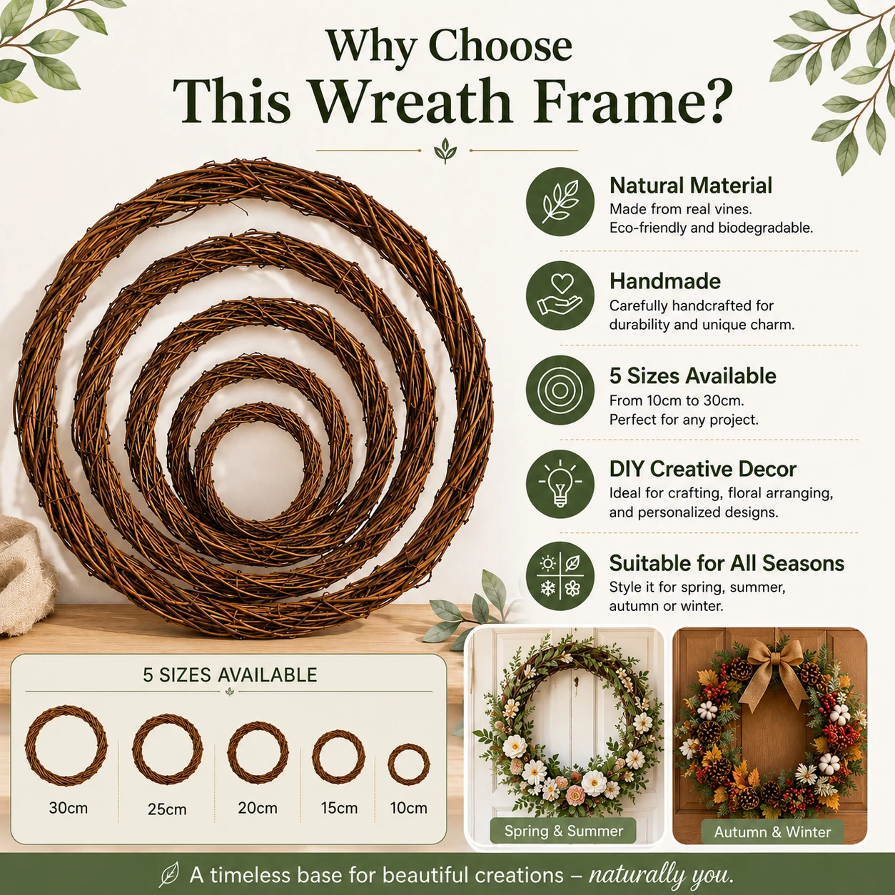 1-5Pcs Natural Rattan Wreath Rings 10-40cm, Handmade Wicker Vine Branch Round Hoops Frame DIY Floral Garland Craft Supplies