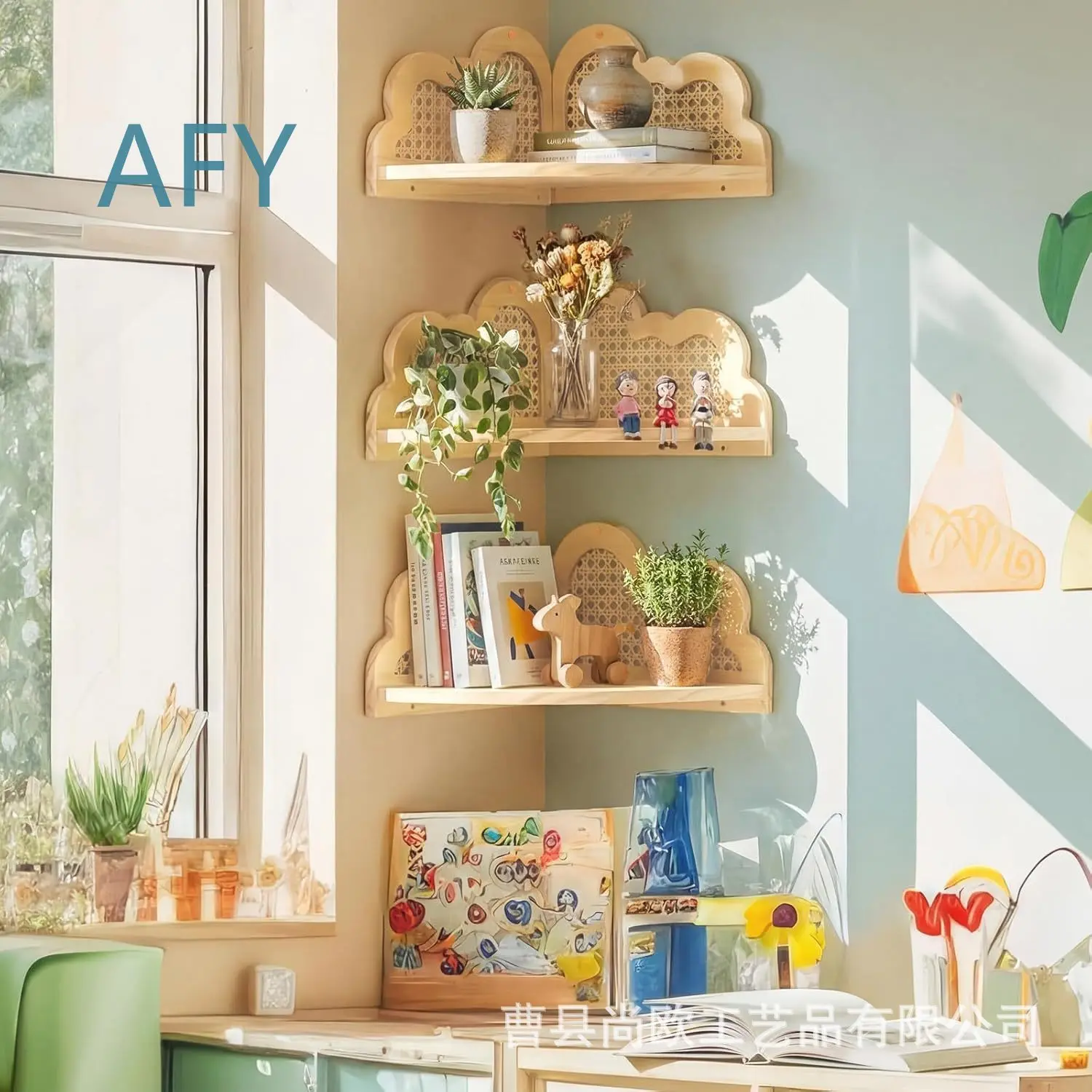 Bohemian Wooden Corner Shelf for Wall Mount Double Tier Floating Wall Shelf for Living Room Decor Storage Organizer for Small