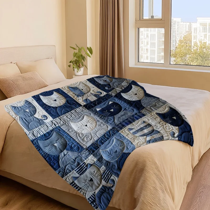 Retro blue and white patchwork cat blanket - soft flannel all year round colorful stripes and solid color block design