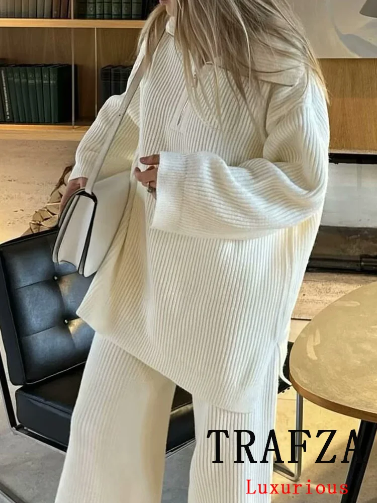 TRAFZA Vintage Casual Chic Solid Women Knitted Suit Long Sleeve V Neck Sweater Loose Straight Pants Fashion 2024 Suits