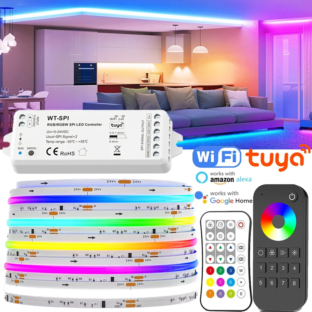 Tuya Wifi 24V WS2811 RGBIC COB LED قطاع أضواء حلم اللون الشريط عنونة الذكية SPI FCOB ضوء غرفة ديكور ل أليكسا جوجل