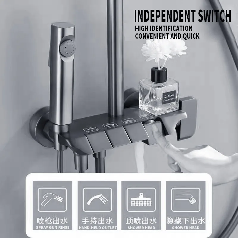 Contemporary  Rainfall Shower Set Piano Key Bathroom Faucet Soft Hot Cold Rain Mixer Tap Jet Pause Shower Taps