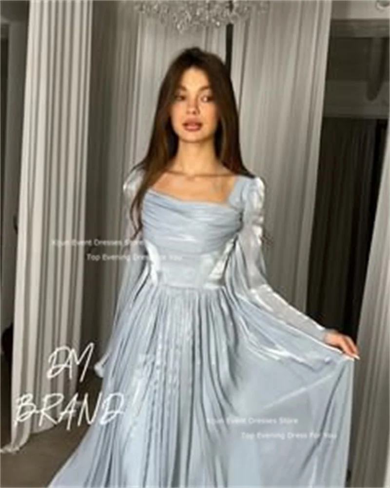 Xijun Blue A-Line Evening Dresses Long Sleeves Saudi Arabric Prom Dresses Square Collar Prom Gowns Pleats vestidos de novia 2023