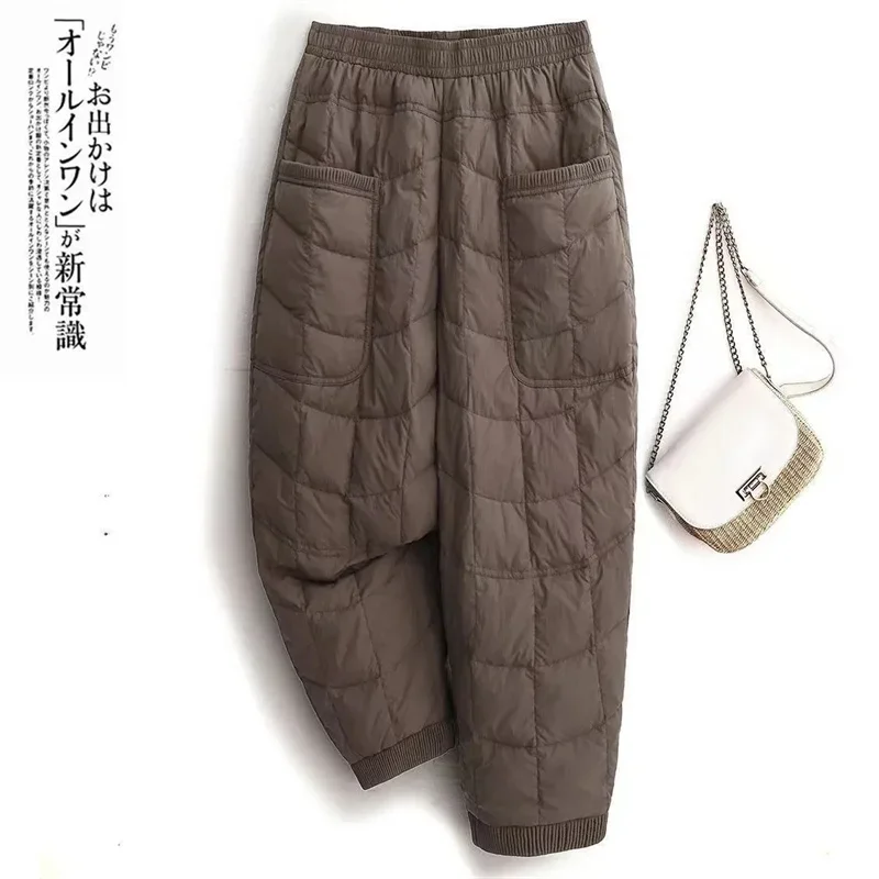 Women Big Pocket Drawstring Ankle Cuff Snow Pants Autumn Winter Warm Cotton Quilted Pants Elastic Waist Padded Harem Trousers
