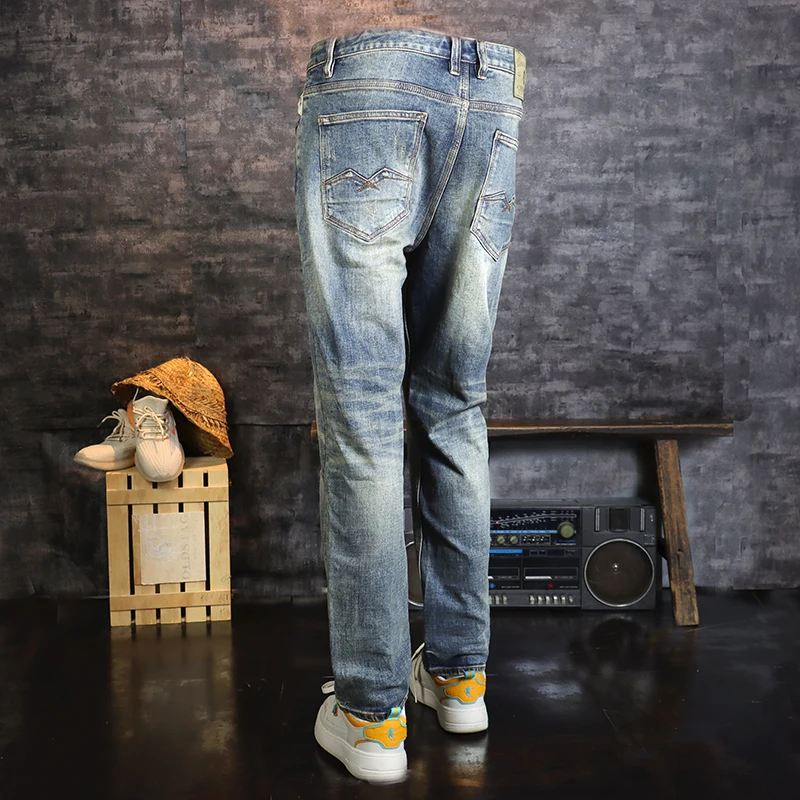 Italian Style Fashion Men Jeans Retro Blue Stretch Slim Fit Ripped Jeans Men Elastic Trousers Vintage Designer Pants Hombre