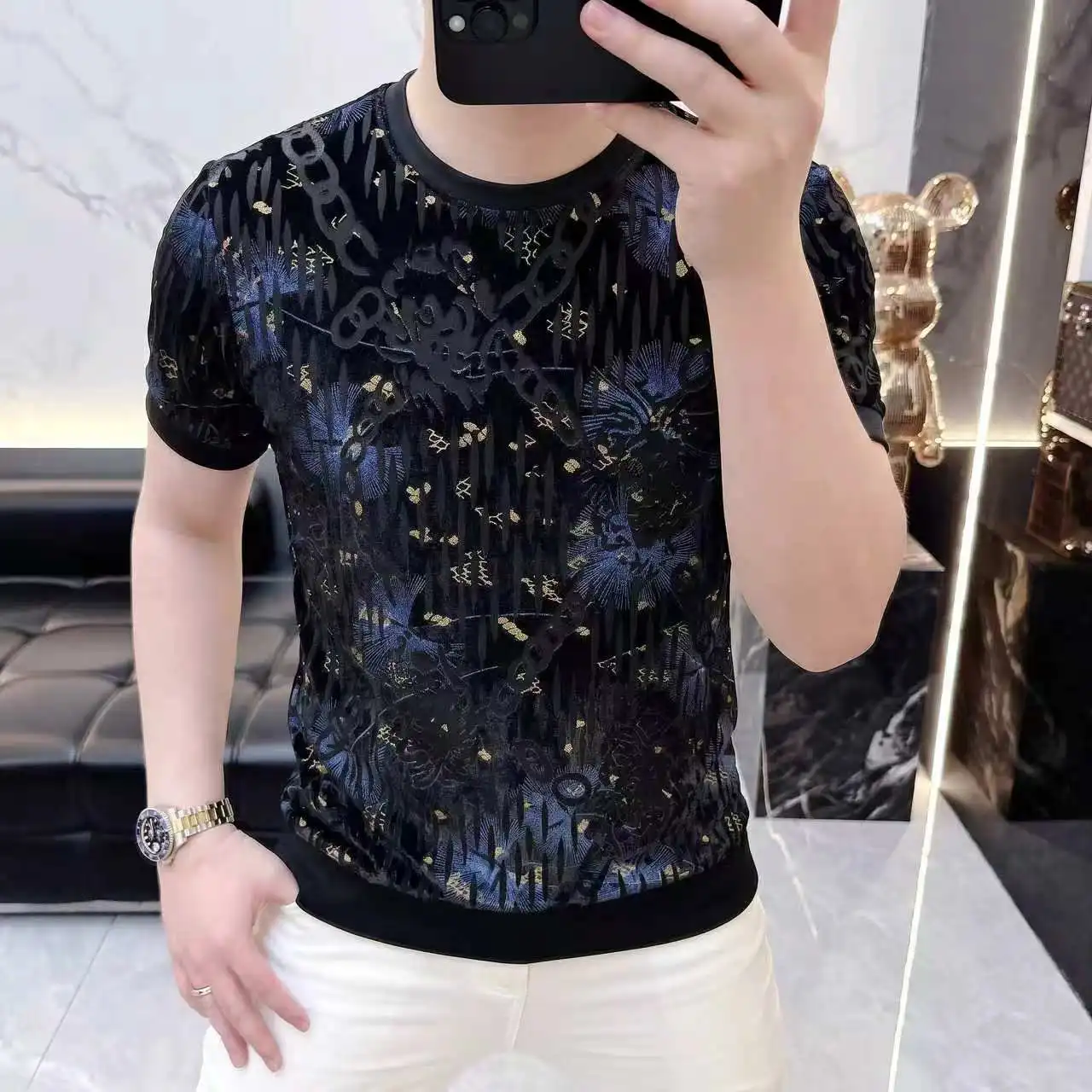 2026 model summer men's casual ice-feeling breathable fashionable round-neck open-weave jacquard short-sleeved T-shirt POLO shir