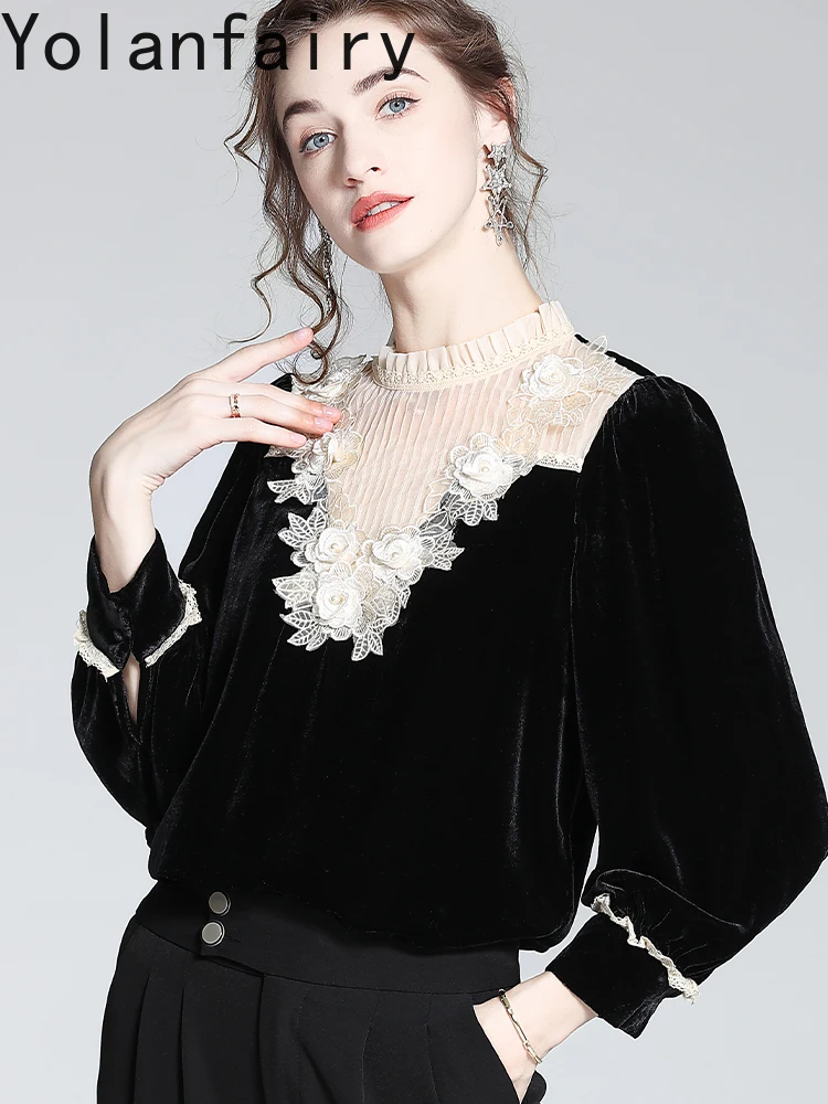 Yolanfairy 80% viscose 20% blusa de seda amoreira para mulher outono rendas retalhos camisa feminina elegante senhoras blusas topos