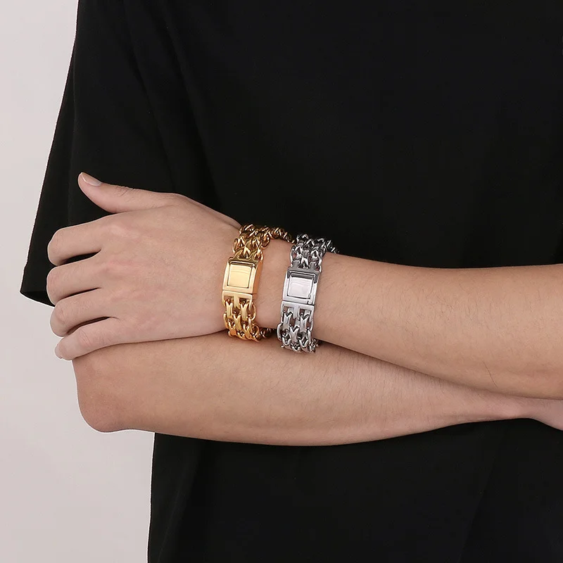 Fongten Hip Hop Creative Rough Stainless Steel Men's Bracelet Vacuum Electroplated Double Layer O Chain Fashion Jewelry Gifts
