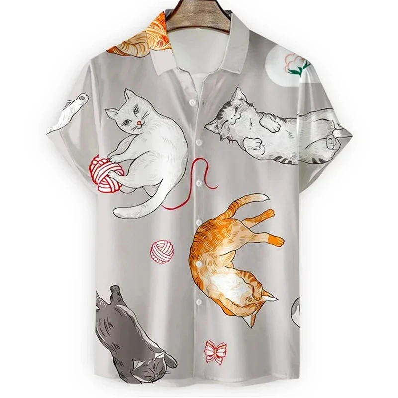 Camiseta de manga curta masculina, estampa 3D para gatinho, camisa casual com botão havaiano, moda verão