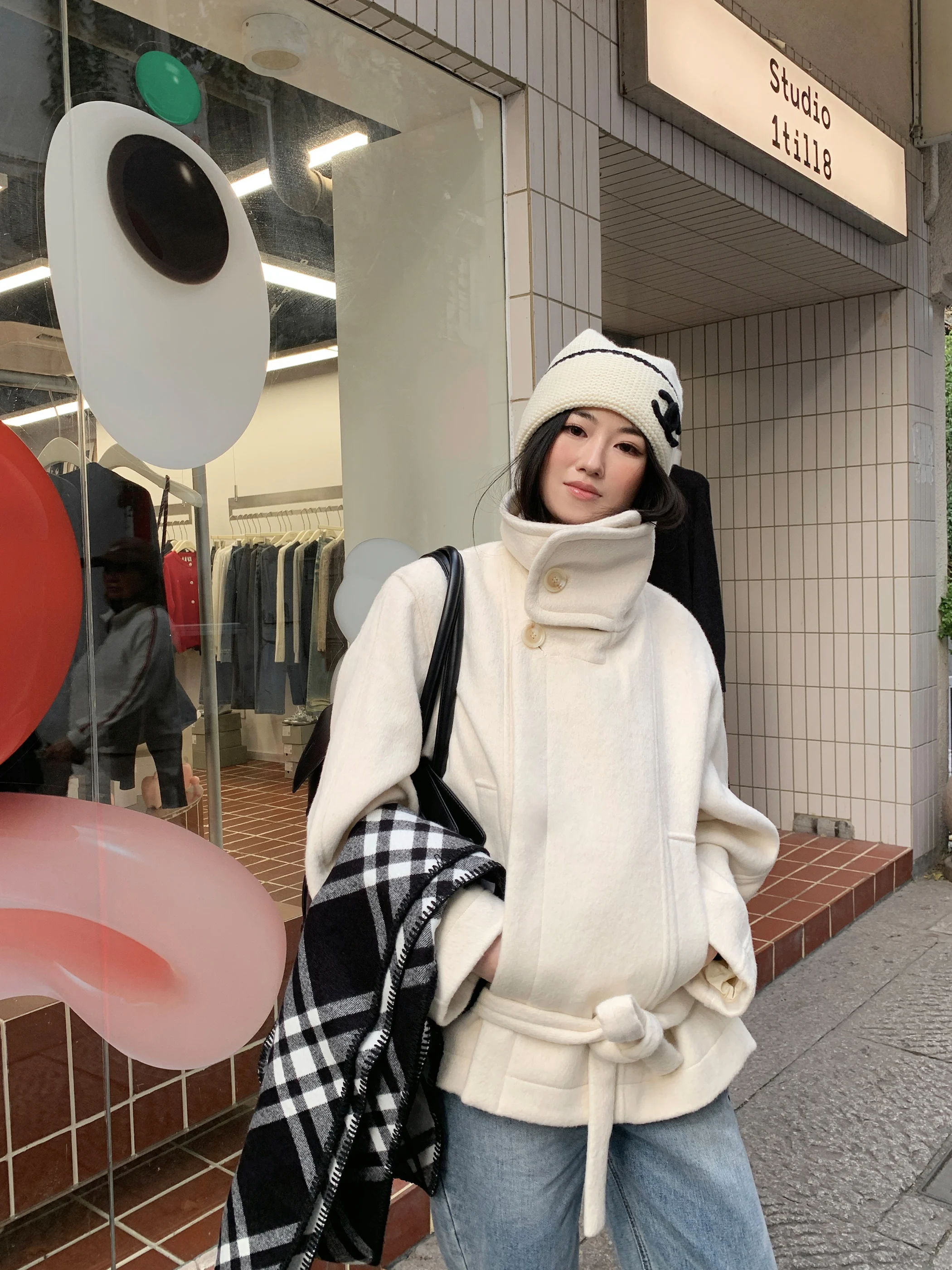

Aassss Zurich Winter White Woolen Coat ort Thiened Women's Cotton Blend Woolen Jaet Street Sle Straight Cut Polyester