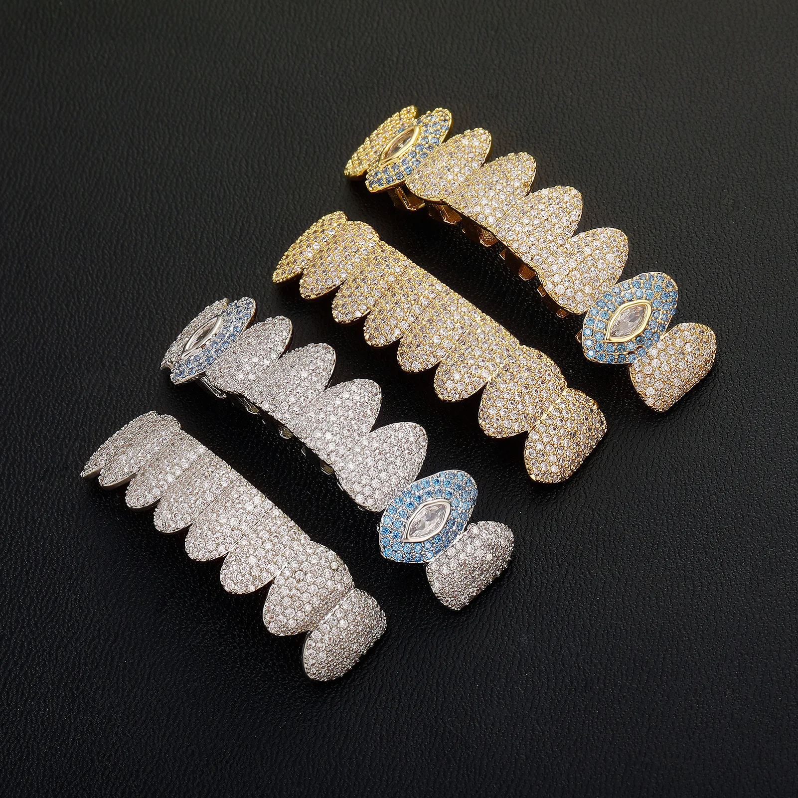 Iced Out Blue CZ Diamond Grillz Gold Plated Hip Hop Rapper Top Bottom Halloween Cosplay Fashion Men Women Jewelry Gift