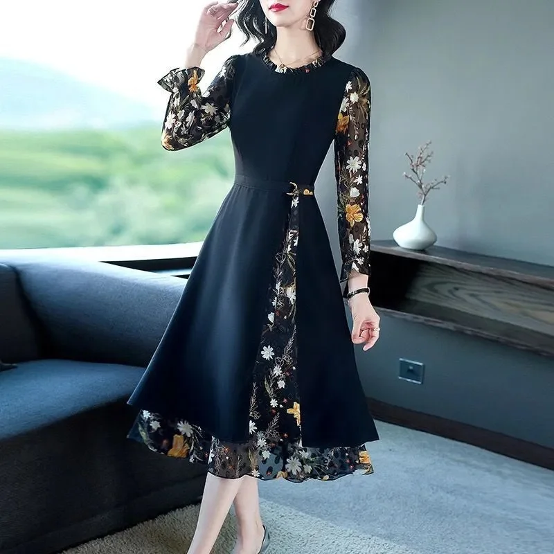 Middle-Aged Female Temperament Mother Autumn Dress 2023 New Dress Noble Temperament Rich Woman too False Two Skirt Printing Z555